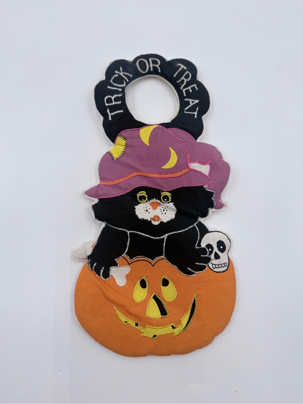 Vintage Halloween “Trick or Treat” Kitten in Pumpkin Door Knob Hanger
